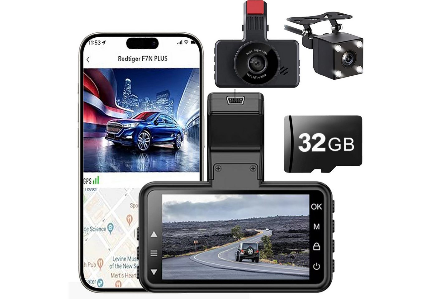 JUBOUEL 1080P Dual Lens Dash Cam mit 32GB SD Karte, 170° Weitwinkel Dashcam (mit 3-Zoll-IPS-Bildschirm, 2 Megapixel Full HD kameras mit Nachtsicht, G-Sensor,Parküberwachung, Loop-Aufnahme und Bewegungserkennung) von JUBOUEL