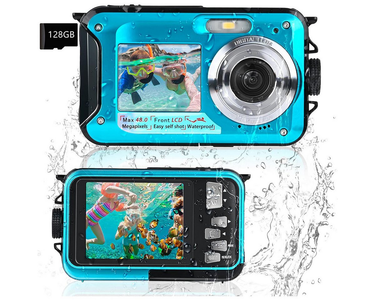 JUBOUEL Full 48MP 10FT Kamera Wasserdicht Dual Screen Vollformat-Digitalkamera Kompaktkamera (inkl. inkl. für Selbstauslöser Unterwasser, Schwimmen, Urlaub, 16X Digital Zoom Schnorcheln wasserdichte Digitalkamera) von JUBOUEL