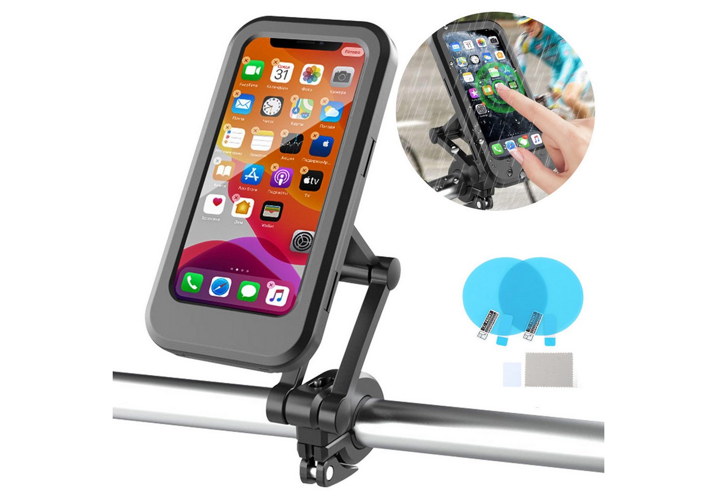 JUBOUEL Handyhalter Smartphone Handyhalterung für Fahrrad Und Motorrad Handy-Halterung, (bis 6,50 Zoll, Wasserdicht mit Touchscreen, 1-tlg., Mit 2 Regenschutzfolien für Motorradspiegel (rund), für Samsung/Huawei/Apple etc. Smartphones) von JUBOUEL