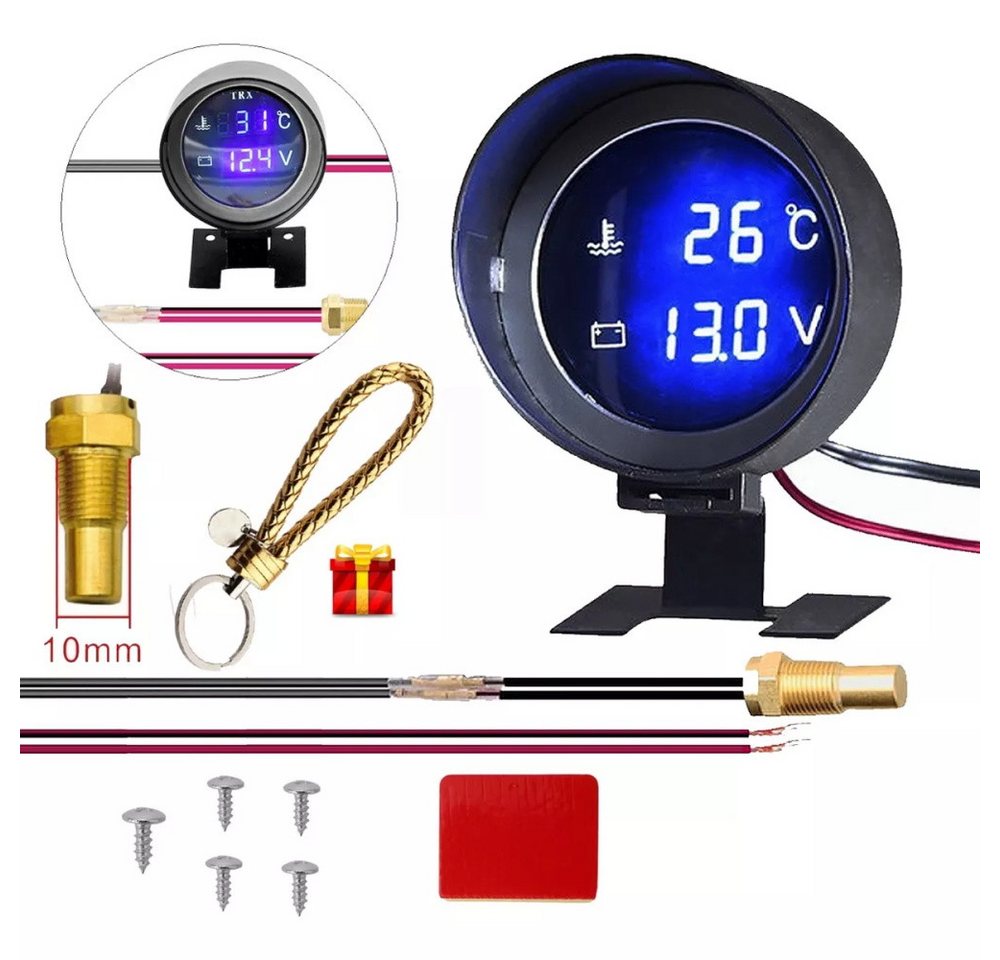 JUBOUEL Voltmeter 2 in 1 Digitales Voltmeter, Thermometer 12V 24V, mit goldenem Schlüsselring Für Auto-Auto LKW Bus, Temperatur Meter Monitor Tester Gauge Anzeige von JUBOUEL