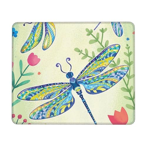 Mauspad mit Libellen und Blumen mit genähtem Rand, rutschfeste Gummiunterseite, hochwertig strukturiertes und wasserdichtes Mauspad für Computer, Laptop, Büro und Zuhause, 30 x 25 cm, 3 mm von JUEXDEME