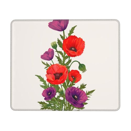 Mauspad mit Mohnblumen-Motiv, mit genähtem Rand, rutschfeste Gummiunterseite, hochwertig strukturiertes und wasserdichtes Mauspad für Computer, Laptop, Büro und Zuhause, 30 x 25 cm, 3 mm von JUEXDEME