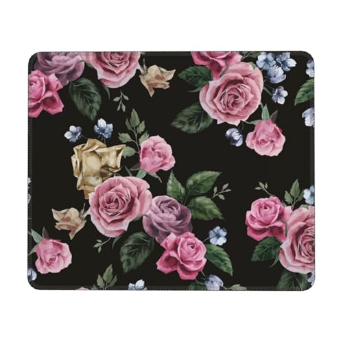 Schwarzes Blackgound Rose Mauspad mit genähtem Rand, rutschfeste Gummiunterseite, hochwertig strukturiertes und wasserdichtes Mauspad für Computer, Laptop, Büro und Zuhause, 30 x 25 cm, 3 mm von JUEXDEME