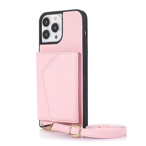 JUFKGBAR Hülle for iPhone 14 Pro Max/14 Plus/14 Pro/14 Lederhülle Mit Kartenhalter Und Stoßfester Umhängetasche (Pink,14 6.1") von JUFKGBAR