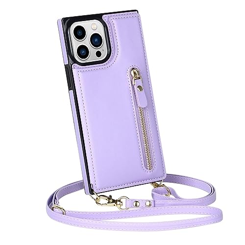 JUFKGBAR Hülle for iPhone 14 Pro Max/14 Pro/14 Plus/14 Reißverschluss-Wallet-Design-Abdeckung Mit Schultergurt Und Flip-Card-Slot Stoßfeste Lederschale (Purple,14 6.1") von JUFKGBAR