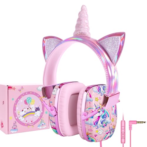 Kinder Kopfhörer, Kopfhörer Kinder mit Kabel ab 3 4 5 6 7 Jahren Mädchen Jungen, Faltbare, Einstellbar, Stereo Sound, HD-Mikrofon, Over Ear Kinderkopfhörer für Schule/Tablet/PC (Einhorn) von JYPS