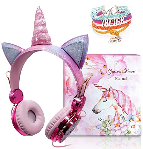 Kopfhörer Kinder, Einhorn Kabel Kopfhörer für Mädchen mit mikrofon, Funkelnd Kinderkopfhörer ab 3, 5, 7, 10 Jahre, Kinder Kopfhörer Over Ear mit Armband Geschenk,Stereo Sound, 85dB Volume Limit von JYPS