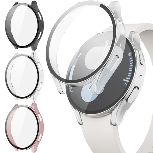 JYQ 3-Stück Schutzhülle mit Displayschutzfolie Kompatibel mit Samsung Galaxy Watch 7 44mm, Rundum Ultradünne Hard Gehäuse Eingebaut Kratzfest Gehärtetes Glas Schutzfolie für Samsung Watch 7 44mm von JYQ