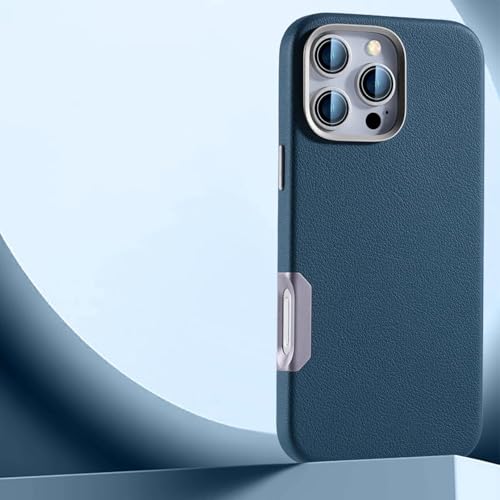 JYUANS Luxuriöse, Schlichte magnetische Telefonhülle aus Leder für das iPhone 16 Pro Max 16plus, stoßfeste Hülle mit hohlem Metallknopf (für iPhone 16 Pro/Blau) von JYUANS