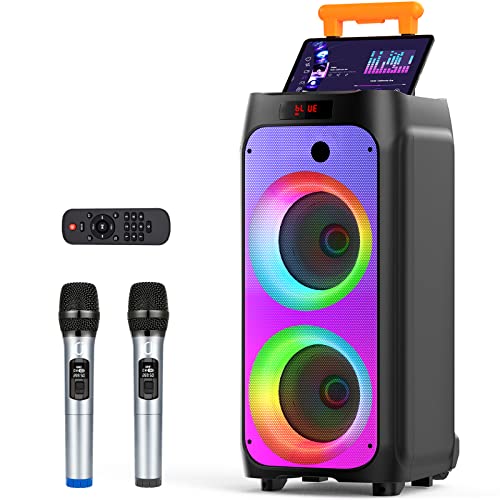 JYX Karaoke Anlage mit 2 drahtlosen Mikrofonen, Großer Lautsprecher Bluetooth mit Rädern und Disco Lichtern, Subwoofer PA System, Party Karaoke Maschine Unterstützung TWS/USB/SD Karte/AUX/Rec von JYX