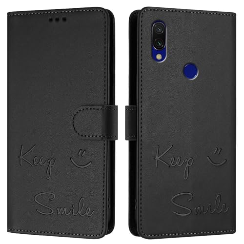 JZ Für Redmi 7 Fall Kunstleder Flip Cover Wallet [Keep Smile][Handgelenk-Nackenriemen][Kartenhalter] Für Redmi 7 Fall - Black von JZ