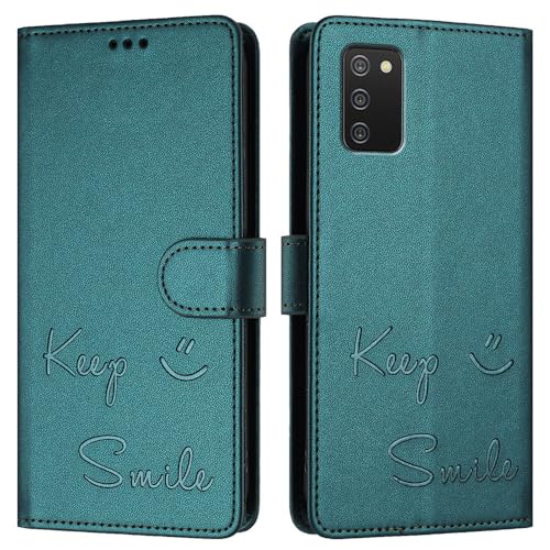 JZ Galaxy A02s Fall Kunstleder Flip Cover Wallet [Keep Smile][Handgelenk-Nackenriemen][Kartenhalter] Für Samsung Galaxy A02s Fall - Peacock Green von JZ