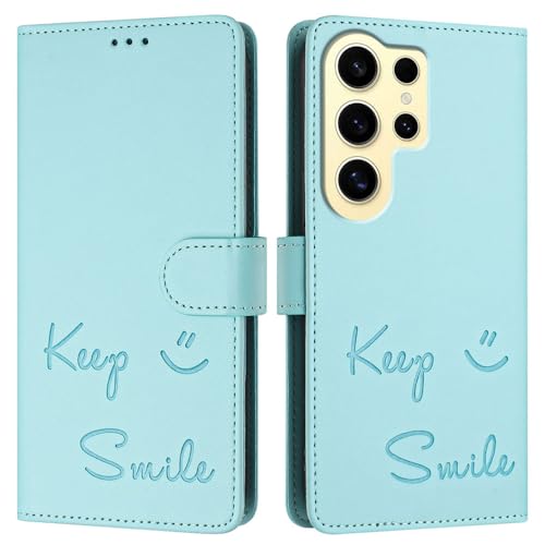 JZ Galaxy S24 Ultra Fall Kunstleder Flip Cover Wallet [Keep Smile][Handgelenk-Nackenriemen][Kartenhalter] Für Samsung Galaxy S24 Ultra Fall - Mint Green von JZ