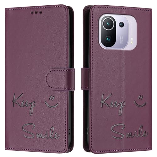 JZ Mi 11 Pro Fall Kunstleder Flip Cover Wallet [Keep Smile][Handgelenk-Nackenriemen][Kartenhalter] Für Xiaomi 11 Pro 5G Fall - Purple von JZ