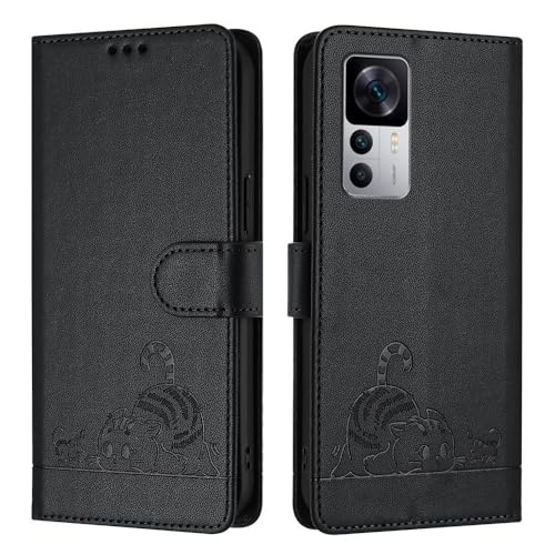 JZ Mi 12T / 12T Pro / K50 Ultra Kunstleder Flip Cover Geldbörse Fall [Lazy Cat][Wrist & Neck Strap][Card Holder][Kickstand] Für Xiaomi 12T / 12T Pro/Redmi K50 Ultra 5G Case - Black von JZ