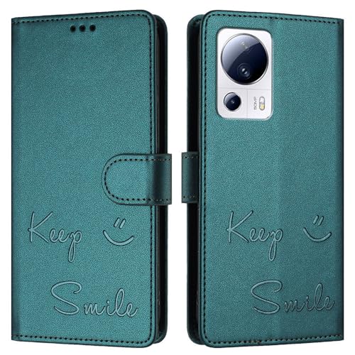 JZ Mi 13 Lite Fall Kunstleder Flip Cover Wallet [Keep Smile][Handgelenk-Nackenriemen][Kartenhalter] Für Xiaomi 13 Lite 5G Fall - Peacock Green von JZ