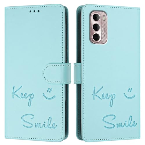 JZ Moto G Stylus 4G 2022 Fall Kunstleder Flip Cover Wallet [Keep Smile][Handgelenk-Nackenriemen][Kartenhalter] Für Moto G Stylus 4G 2022 Fall - Mint Green von JZ