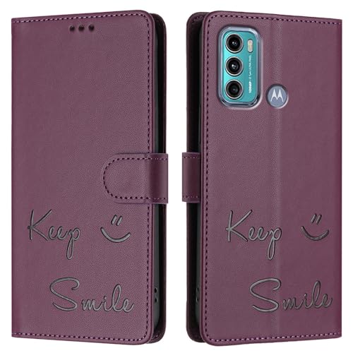 JZ Moto G60 / G40 Fusion Fall Kunstleder Flip Cover Wallet [Keep Smile][Handgelenk-Nackenriemen][Kartenhalter] Für Moto G60 / G40 Fusion Fall - Purple von JZ