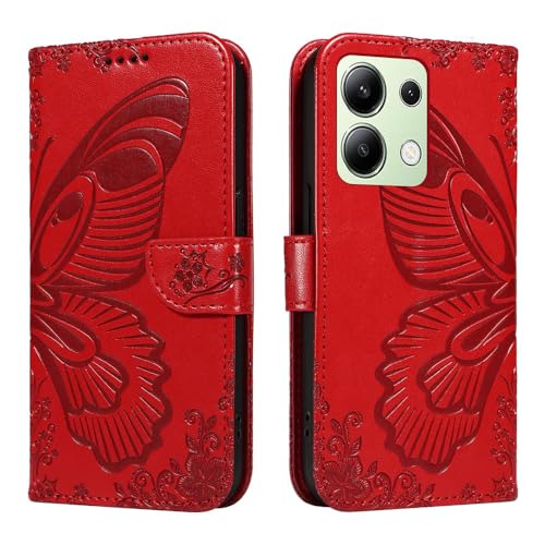 JZ Note 13 4G Swallowtail Kunstleder Flip Cover Geldbörse Fall [Wrist Strap][Kartenhalter][Kickstand] Für Redmi Note 13 4G Case - Red von JZ
