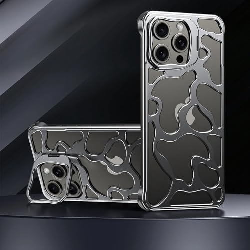 JZFDCLF Luxuriöse, rahmenlose Telefonhülle mit magnetischem Linsenringständer für iPhone 14 13 15 Pro Max, stoßfeste, Hohle, wärmeableitende Metallabdeckung, Grau B, Für iPhone 15 Pro von JZFDCLF