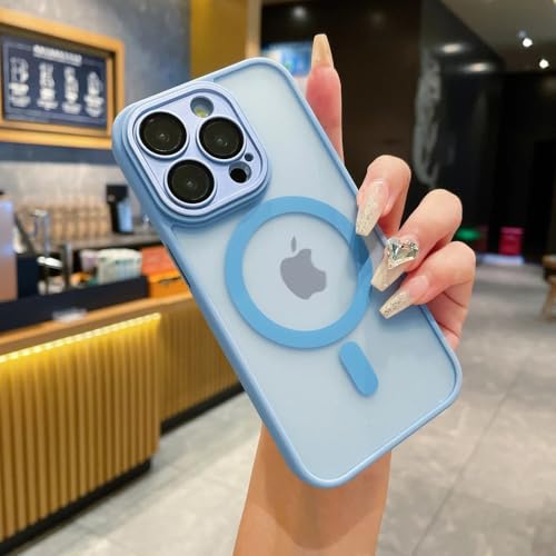 JZFDCLF Matte magnetische Hülle für iPhone 16 15 Pro Max 14 13 12 11, mattiert, durchscheinend, kabelloses Laden, stoßfeste Stoßstangenabdeckung, L blau, für iPhone 12pro von JZFDCLF