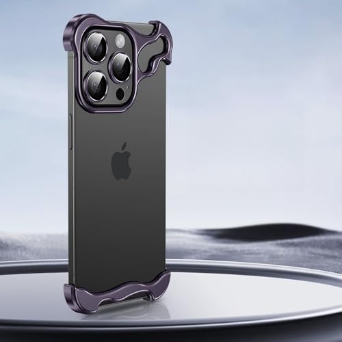 JZFDCLF Rahmenlose Handyhülle aus Aluminiumlegierung für iPhone 12 13 14 15 Pro Max Plus Schutzfolie aus Metalllinse, Lila, Für iPhone 14 ProMax von JZFDCLF