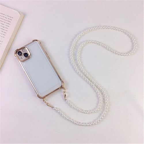 JZFDCLF Transparente goldene Handyhülle mit Perlen-Crossbody-Kette für iPhone 11 12 13 14 15 Pro Max, stoßfeste Rückseite, A, für iPhone 14 Pro von JZFDCLF