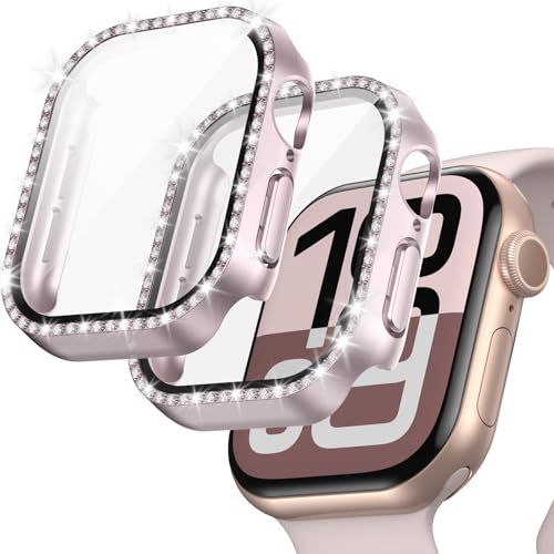 JZK Glitzer-Schutzhülle mit gehärtetem Glas für Apple Watch Serie 10, 46 mm, Displayschutzfolie, Glitzer-Diamant-Strass, Bumper, Kristallabdeckung für Apple Watch 10, 46 mm, Zubehör, Roségold, 2 Stück von JZK