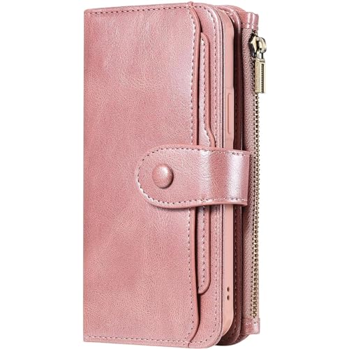 JZLUCAJJ Brieftaschen-Hülle für iPhone 15/15 Plus/15 Pro/15 Pro Max, 360-Grad-Rundumschutz mit versteckter Halterung, Kartenfächern und Reißverschluss-Brieftasche, abnehmbare Echtlederhülle, Rosa von JZLUCAJJ