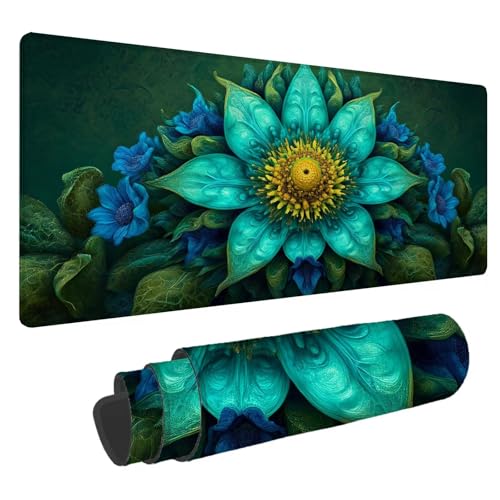 Mauspad Blau Große Schreibtischunterlage Blumen Mousepad XXL 900x400x4mm Gaming Mauspad Verbessert Präzision und Geschwindigkeit, Genähten Kanten Tischunterlage für Büro Desk Mat Laptop Computer A-74 von Jaalinng