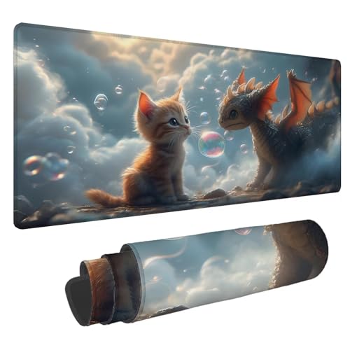 Mauspad Katze Große Schreibtischunterlage Drachen Mousepad XXL 800x300x4mm Gaming Mauspad Verbessert Präzision und Geschwindigkeit, Genähten Kanten Tischunterlage für PC Büro Laptop Computer A-89 von Jaalinng