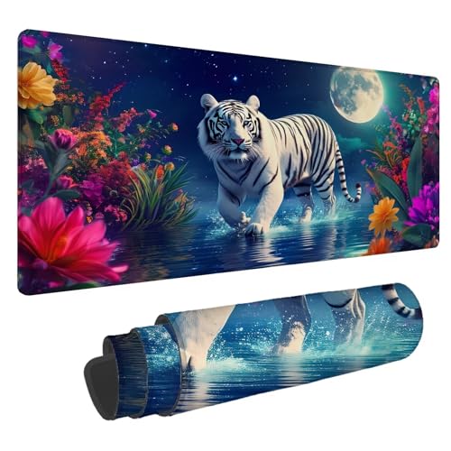 Mauspad Tiger Große Schreibtischunterlage Mond Mousepad XXL 1600x800x4mm Gaming Mauspad Verbessert Präzision und Geschwindigkeit, Genähten Kanten Tischunterlage für Büro Desk Mat Laptop Computer A-29 von Jaalinng