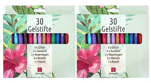 Jamasia 999201-1 Gelstifte, 2 x 30er Set, 2 Etuis mit je 30 Gelschreibern mit Glitter, Regenbogen, Metallic, Standard und Pastell Farbeffekten, 60 Gelmalstifte für softes Schreiben und Zeichnen von Jamasia