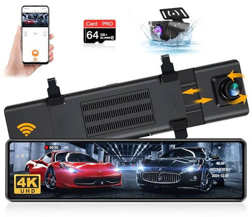 【2024 Neueste】 4K WiFi Spiegel Dashcam mit Rückfahrkamera mit 64G SD-Karte, Jansite Rückfahrkamera Spiegel Auto Kamera mit 12" IPS-Touchscreen Dashcam Auto Vorne Hinten 10M Kabel WDR G-Sensor… von Jansite