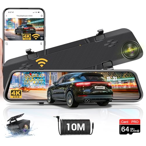 4K WiFi Rückfahrkamera Spiegel mit 64G SD Card 12 Zoll Spiegel Dashcam mit Rückfahrkamera APP Kontrolle Dashcam Auto Vorne Hinten mit 10M Kabel Rückspiegel Kamera Super Nachtsicht G-Sensor von Jansite