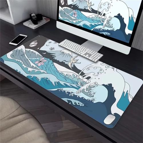 Gaming Mauspad XXL 900x300x2mm Mousepad Groß,Vernähte Kanten Verbessert Präzision und Geschwindigkei für Home Office Meereswelle von Januave