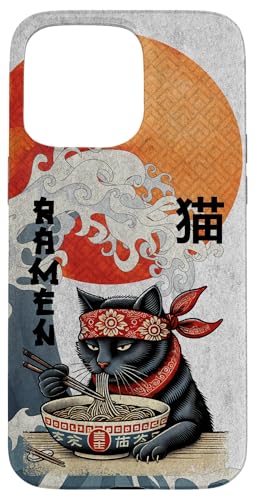 Hülle für iPhone 15 Pro Max Katze Ramen Japanischer lustiger Kanagawa Kanji Kawaii von Japanese Cat For Men Women Kids Anime Ramen Noodle