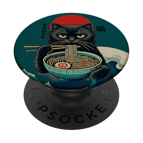 Katze Ramen Japanischer lustiger Kanagawa Kanji Kawaii PopSockets Klebender PopGrip von Japanese Cat For Men Women Kids Anime Ramen Noodle