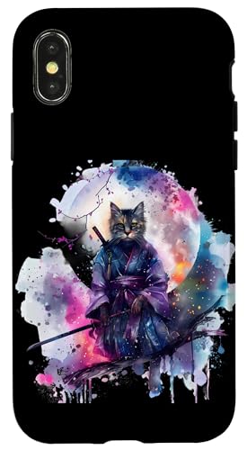 Hülle für iPhone X/XS Samurai-Katze, japanische Kunst, Mond, japanische Ninja-Katze, Kunstwerk von Japanese Samurai Warrior Animals