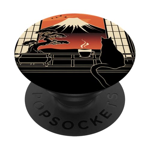 Japanische Katze Mt Fuji Bonzai Baum Landschaft Kaffee Mama Papa Kinder PopSockets Klebender PopGrip von JapansCollective