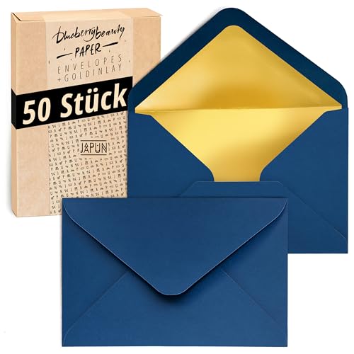 Japun – Briefumschläge (50 Stück), Kuvert, Umschlag ohne Fenster - DIN C6-162 x 114 mm - innen: Gold - Papier-Farbe: blau von Japun