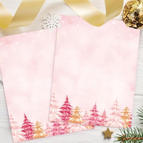 JarThenaAMCS 80 Blatt Weihnachtsbriefpapier Rosa Weihnachtsbaum Briefkopf Schreibpapier für Winter Einladung Büro Schule Drucken, 21,6 x 27,9 cm, doppelseitig von JarThenaAMCS