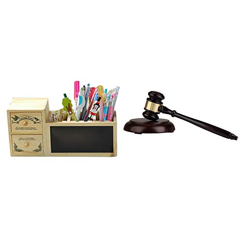 Jasaly 1 x Holzhammer und runder Block mit Block und 1 x Stifthalter aus Holz mit Tafel, niedlicher Schreibtisch-Bleistifthalter von Jasaly