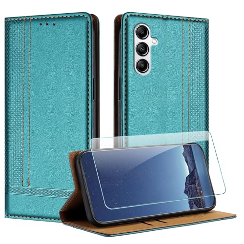 JayModCase Hülle für Samsung Galaxy A14 und Schutzfolie, Premium Leder Flip Schutzhülle mit [Kartenfächer] [Ständer] [Stoßfest] [Magnet] Handyhülle für Samsung A14 - Grün von JayModCase