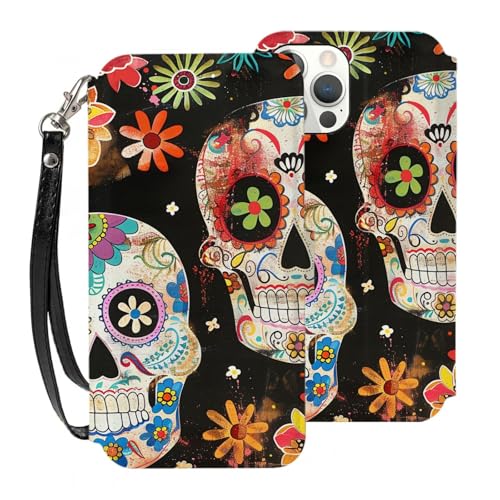 Jcvotrel Sugar Skulls bedruckte Brieftaschen-Schutzhülle für iPhone 6,1 Zoll, Leder, stoßfest, mit Kartenhalter und Handschlaufe, Weiß von Jcvotrel