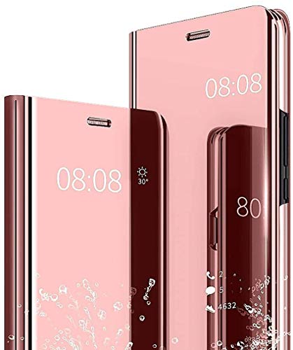 NEINEI Hülle für Samsung Galaxy S21 FE 5G,Luxus Spiegel Flip Handyhülle mit Standfunktion,Transparent PC/PU Stoßfest Ledertasche Schutzhülle,Smart Clear View Case Cover,Rosé Gold von Jeelar