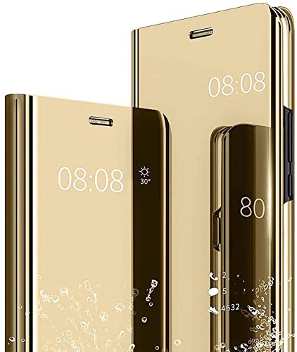 NEINEI Hülle für iPhone 14 Pro Max (6,7”),Luxus Spiegel Flip Handyhülle mit Standfunktion,Transparent PC/PU Stoßfest Ledertasche Schutzhülle,Smart Clear View Case Cover,Gold von Jeelar