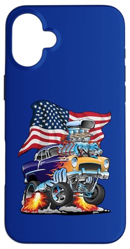 Hülle für iPhone 16 Plus Classic Muscle Car Hotrod mit USA-Flagge, Cartoon-Design von Jeff Hobrath