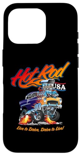 Hülle für iPhone 16 Pro Hotrod USA Classic Muscle Car Cartoon Race Car Lustiges Auto von Jeff Hobrath