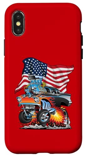 Hülle für iPhone X/XS Classic Muscle Car Hotrod mit USA-Flagge, Cartoon-Design von Jeff Hobrath